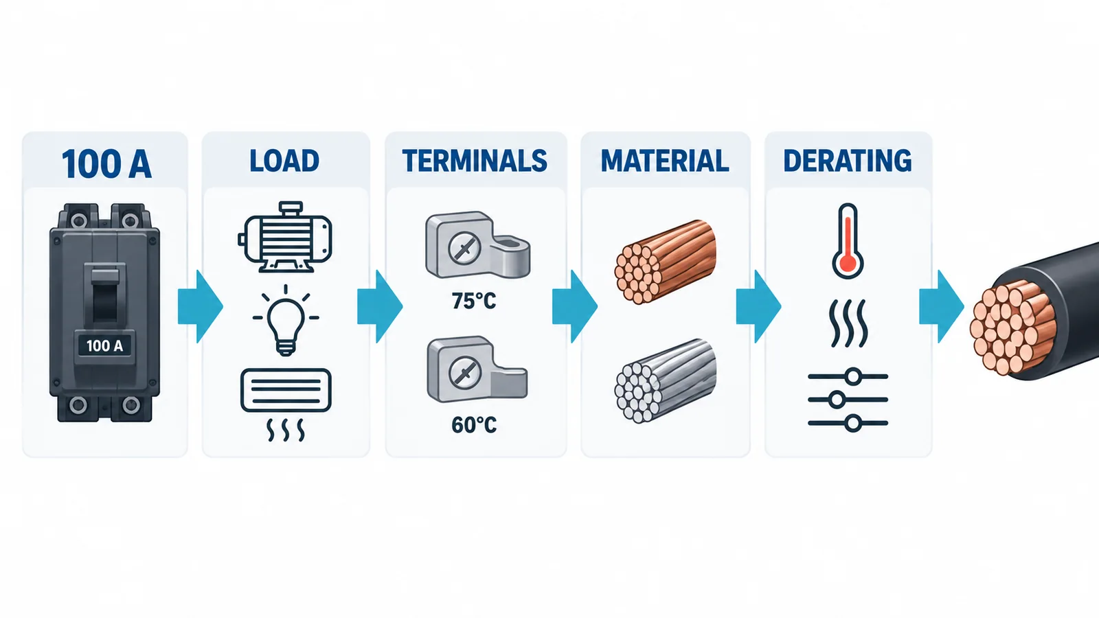 Conceptual 100-amp conductor selection path showing load, terminal temperature, conductor material and ampacity derating checks