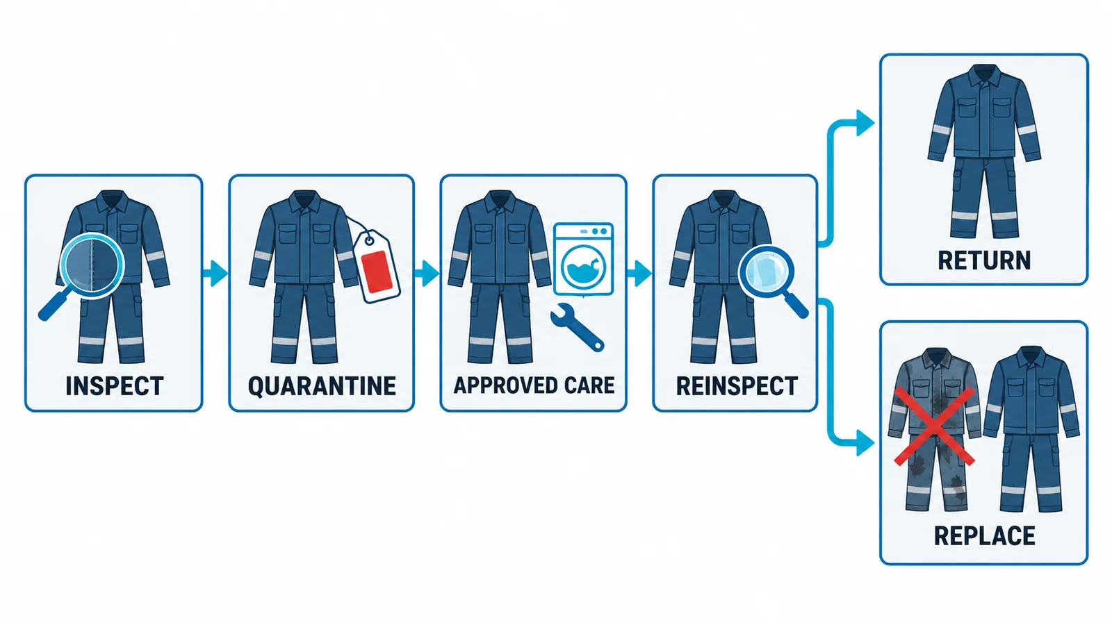 Arc-rated PPE decision workflow from inspection through quarantine, approved cleaning or repair, reinspection and documented return or replacement