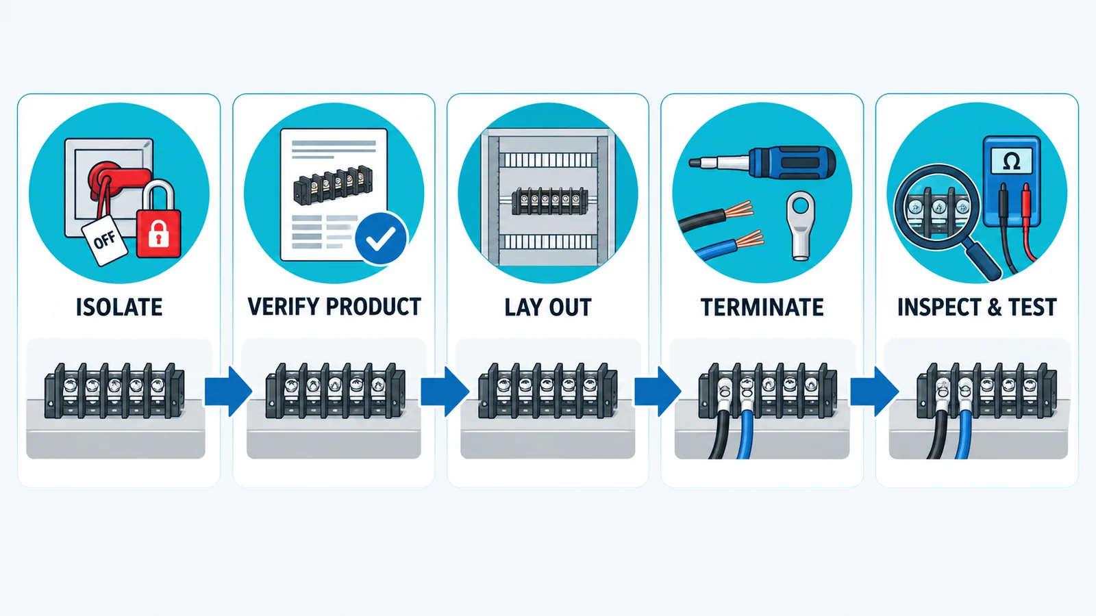 Barrier terminal block installation hold points from isolation and product verification through layout, conductor preparation, torque, inspection and electrical testing