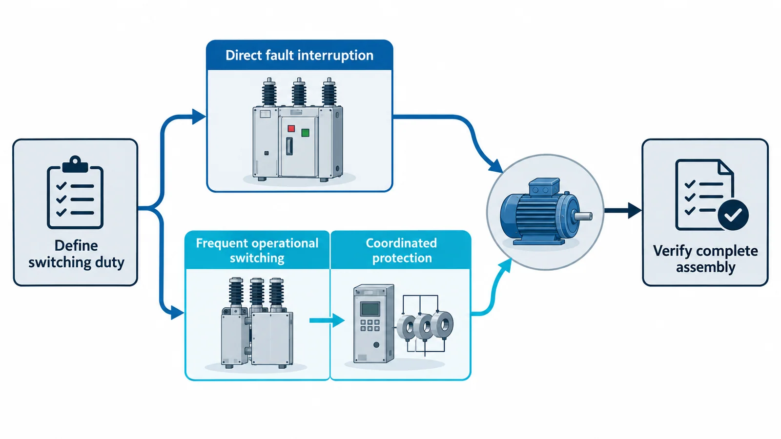 Decision map comparing a medium-voltage circuit breaker with a contactor-based feeder by fault interruption and switching frequency
