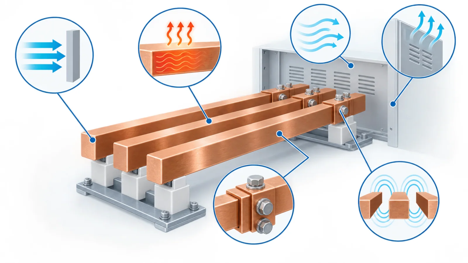Engineering diagram showing current, conductor loss, ambient temperature, enclosure cooling, joints and AC effects controlling copper busbar temperature