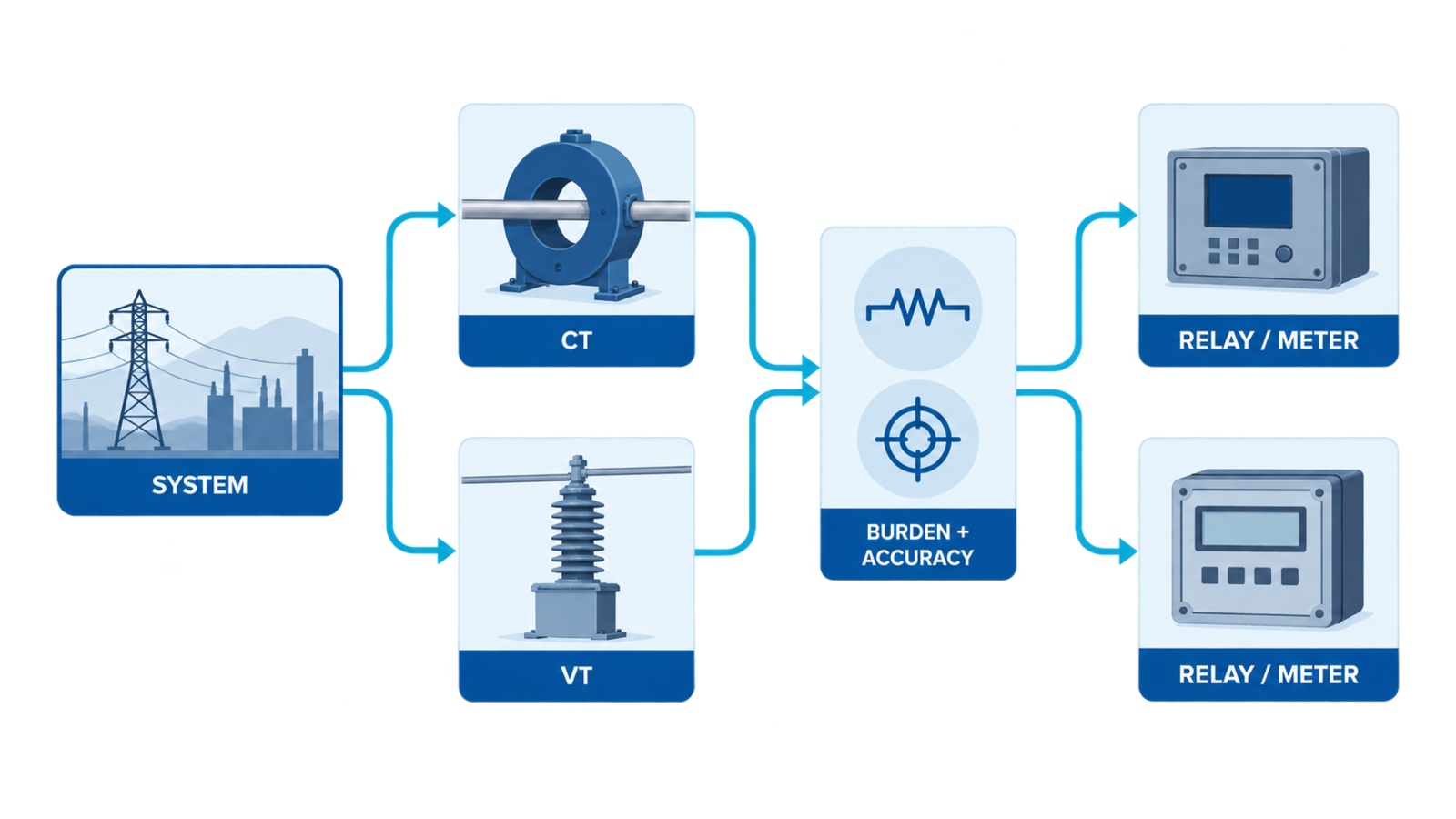 CT and VT selection framework from system inputs through ratio, burden, accuracy, and connected protection or metering devices