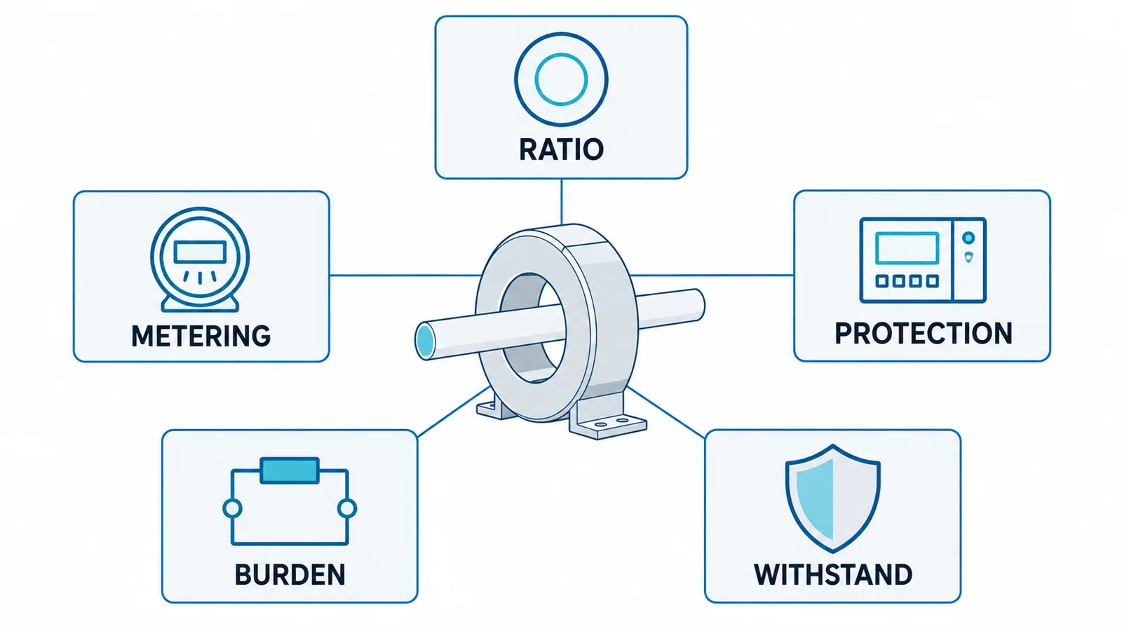 Conceptual CT selection diagram with ratio, metering, protection, secondary burden and withstand as five concurrent checks