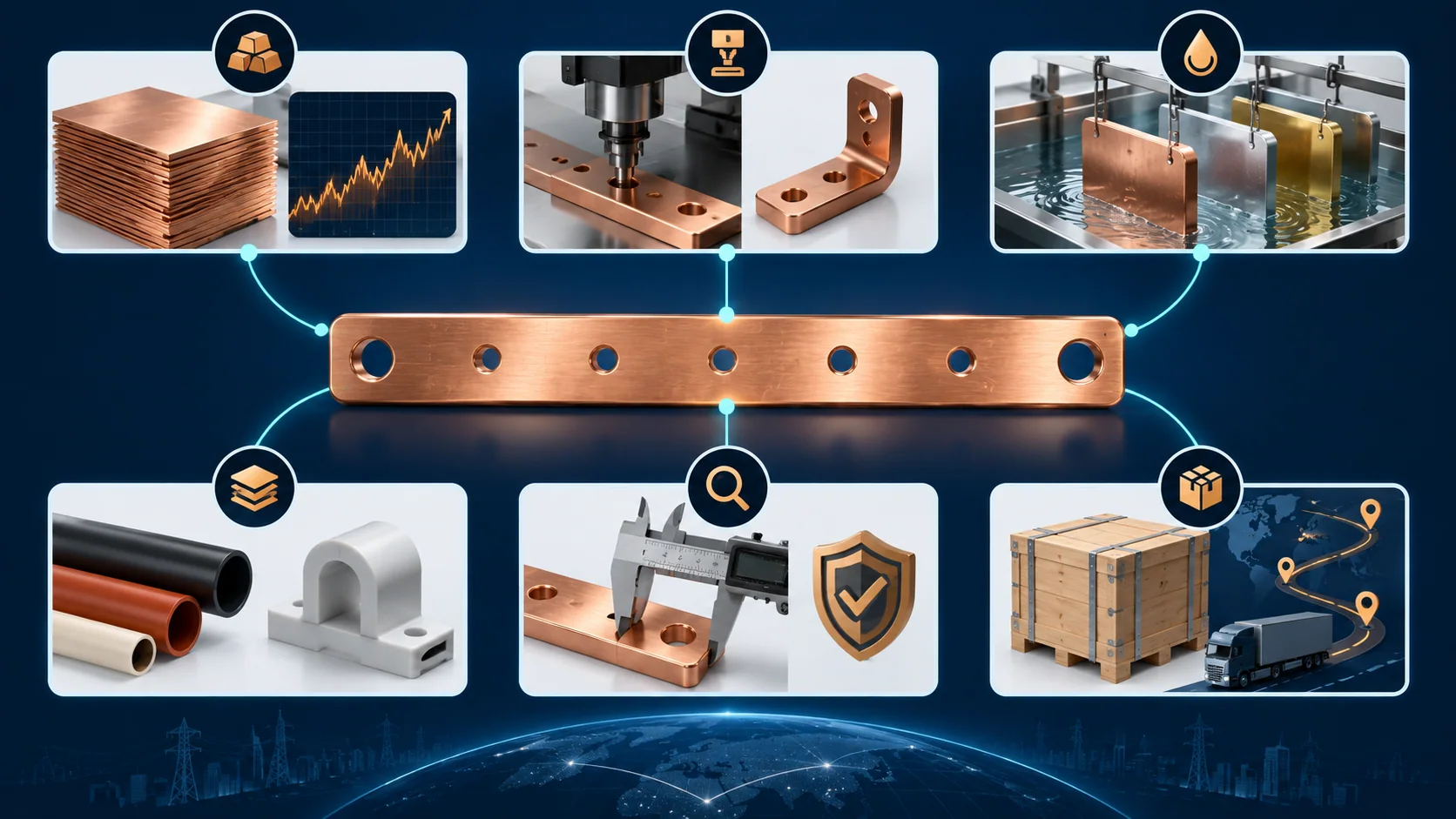 Electrical busbar cost-driver diagram showing metal, fabrication, surface treatment, assembly, testing, and logistics