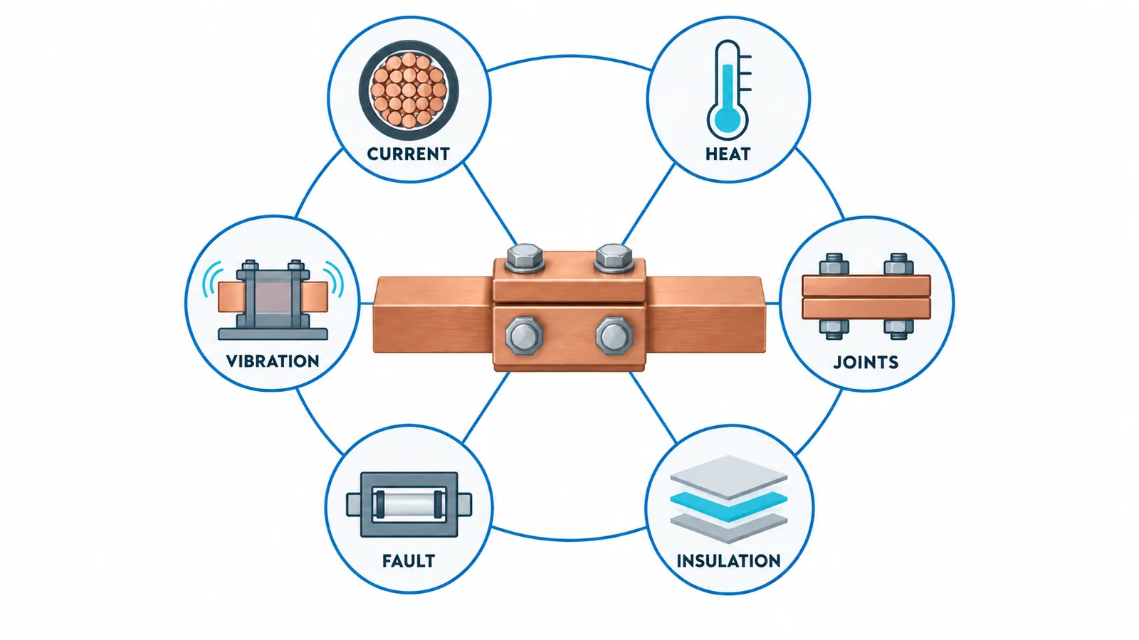 EV battery busbar validation map connecting current pulses, resistance, cooling, joints, insulation, fault forces and vibration