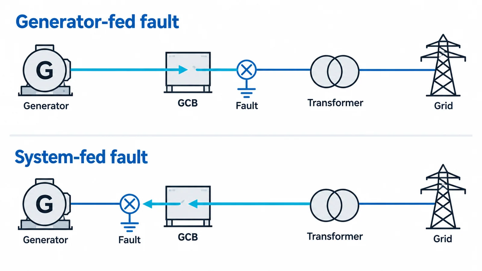 Conceptual one-line showing a generator circuit breaker between generator and transformer with generator-fed and system-fed fault directions