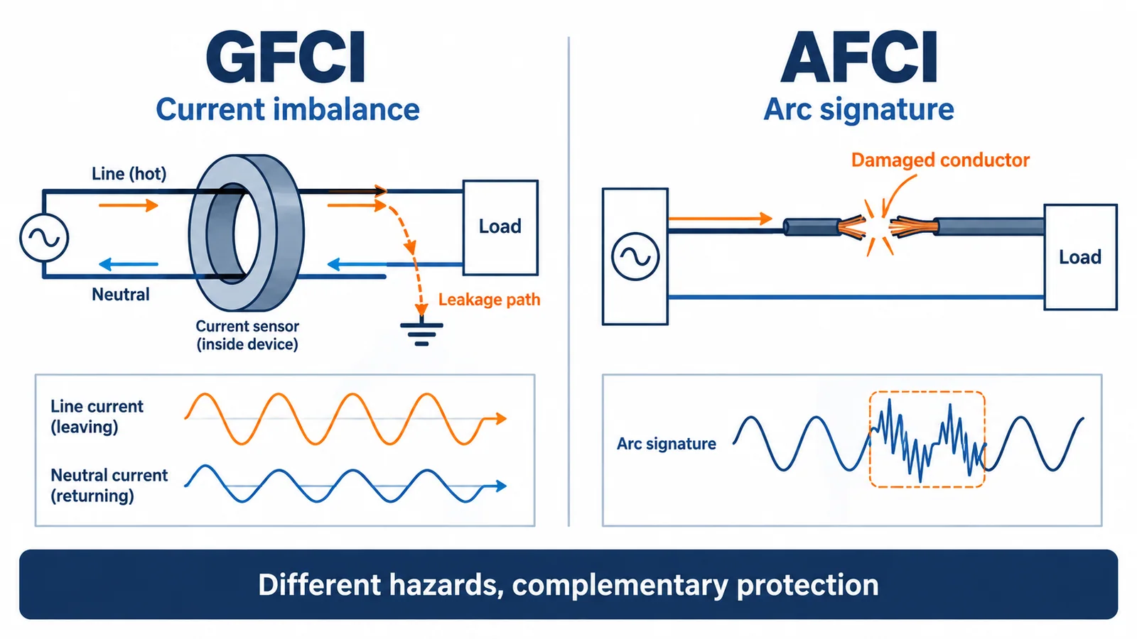 Comparison of a GFCI detecting current leaving the intended path and an AFCI detecting hazardous arcing in branch-circuit wiring