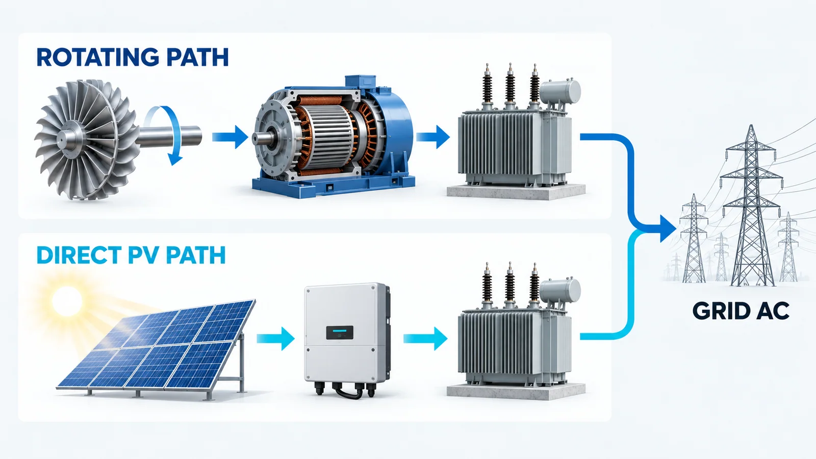 Two conceptual electricity-generation pathways showing primary energy driving a turbine and electromagnetic generator, or sunlight feeding photovoltaic cells and an inverter, before both connect to the grid