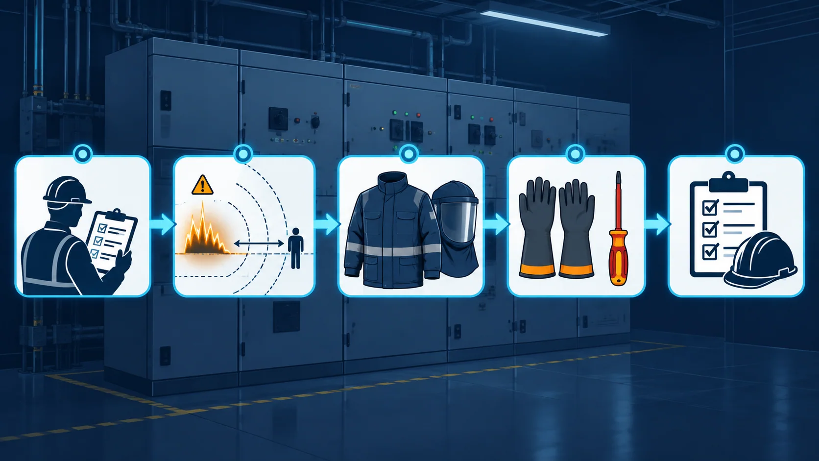 Arc-flash PPE selection path from task and incident energy through thermal protection, shock protection, and final inspection