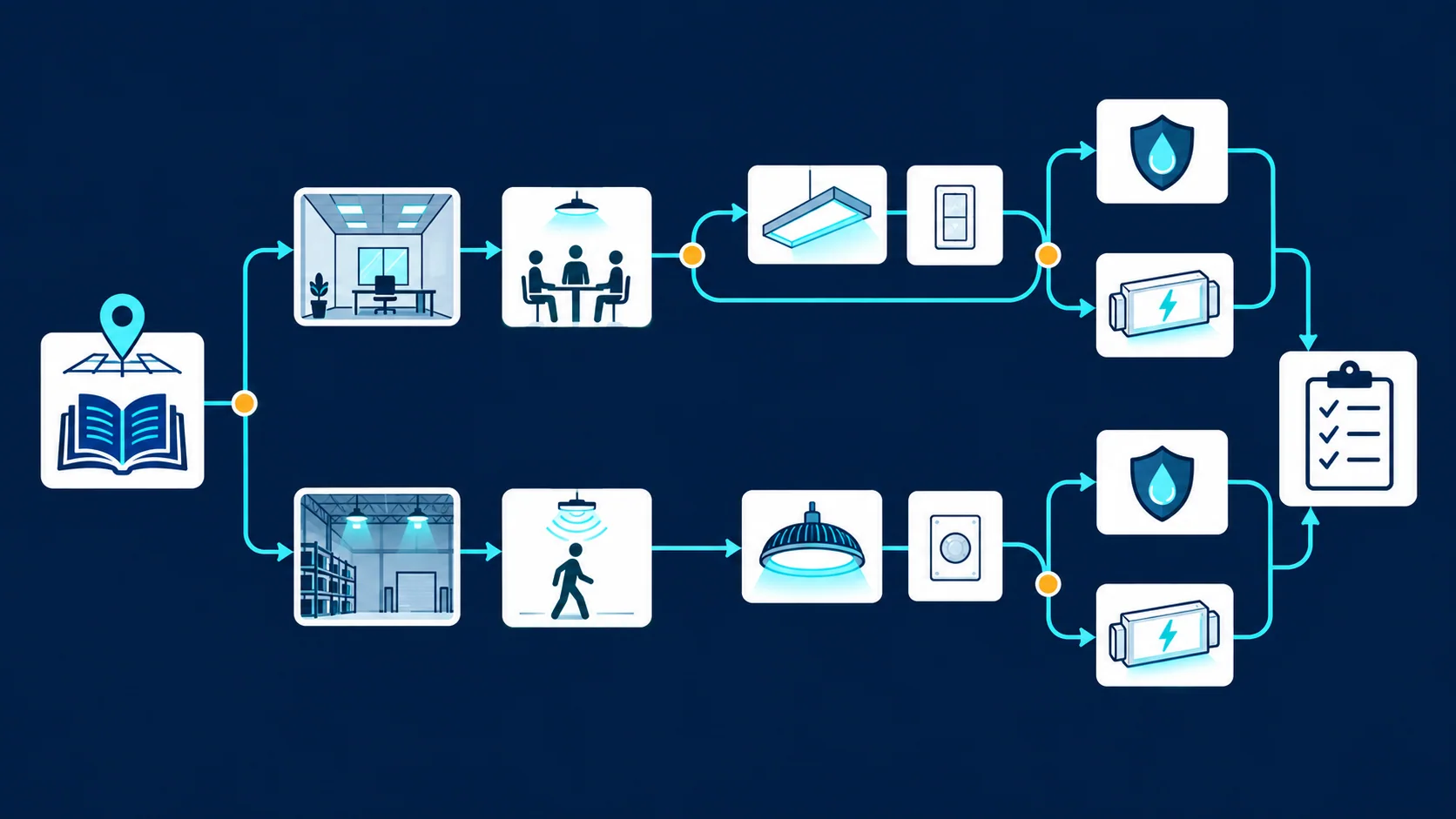 Lighting outlet requirements decision tree from adopted code and room use through control, location, and emergency-lighting checks