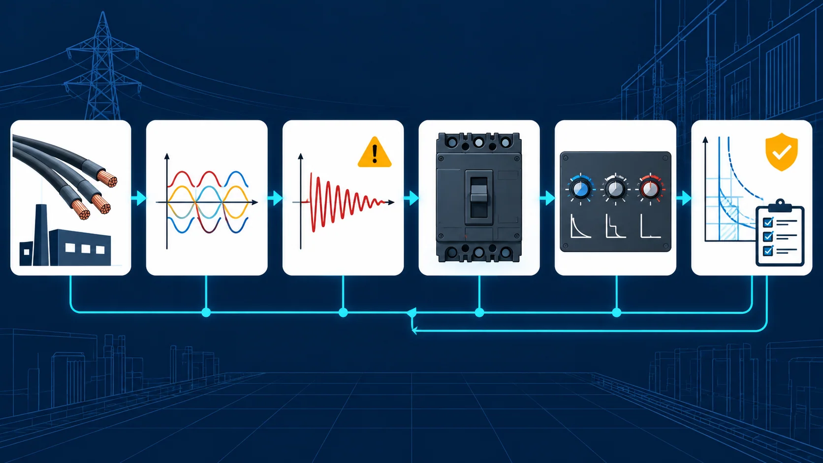 MCCB selection path from load and system data through fault rating, trip settings, coordination, and installation records