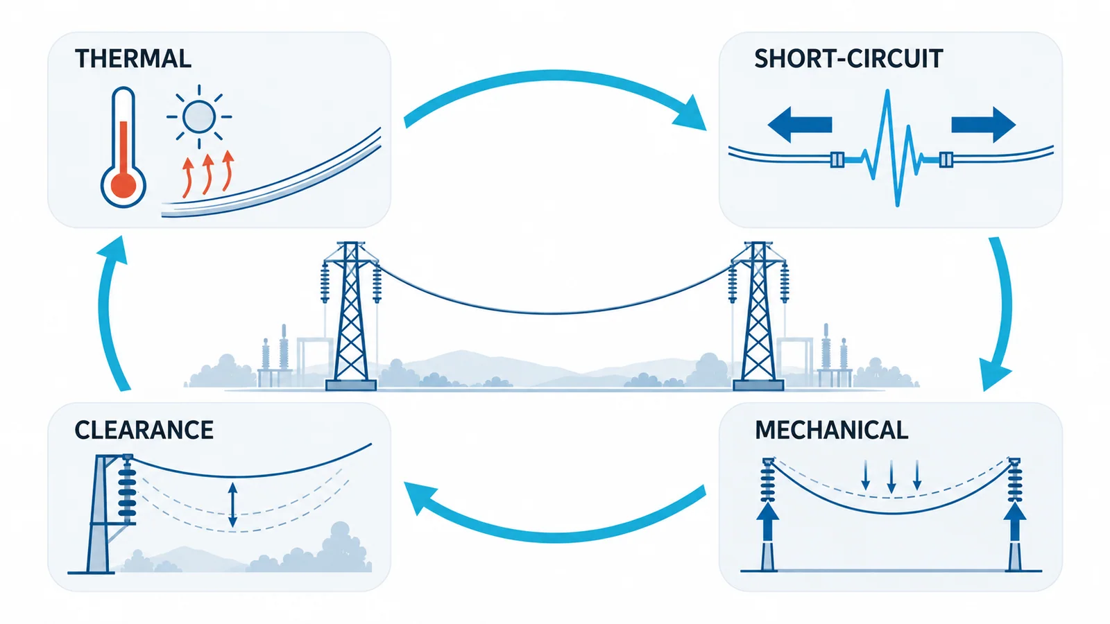 Four-study loop for selecting a flexible overhead conductor in a substation, linking thermal, short-circuit, mechanical and electrical checks