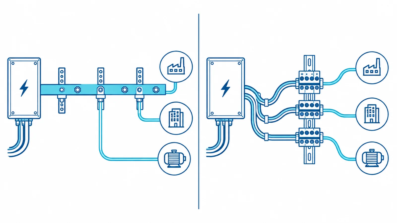 Balanced conceptual comparison of a busbar distribution path and a cable-and-terminal-block distribution path inside separate low-voltage panels