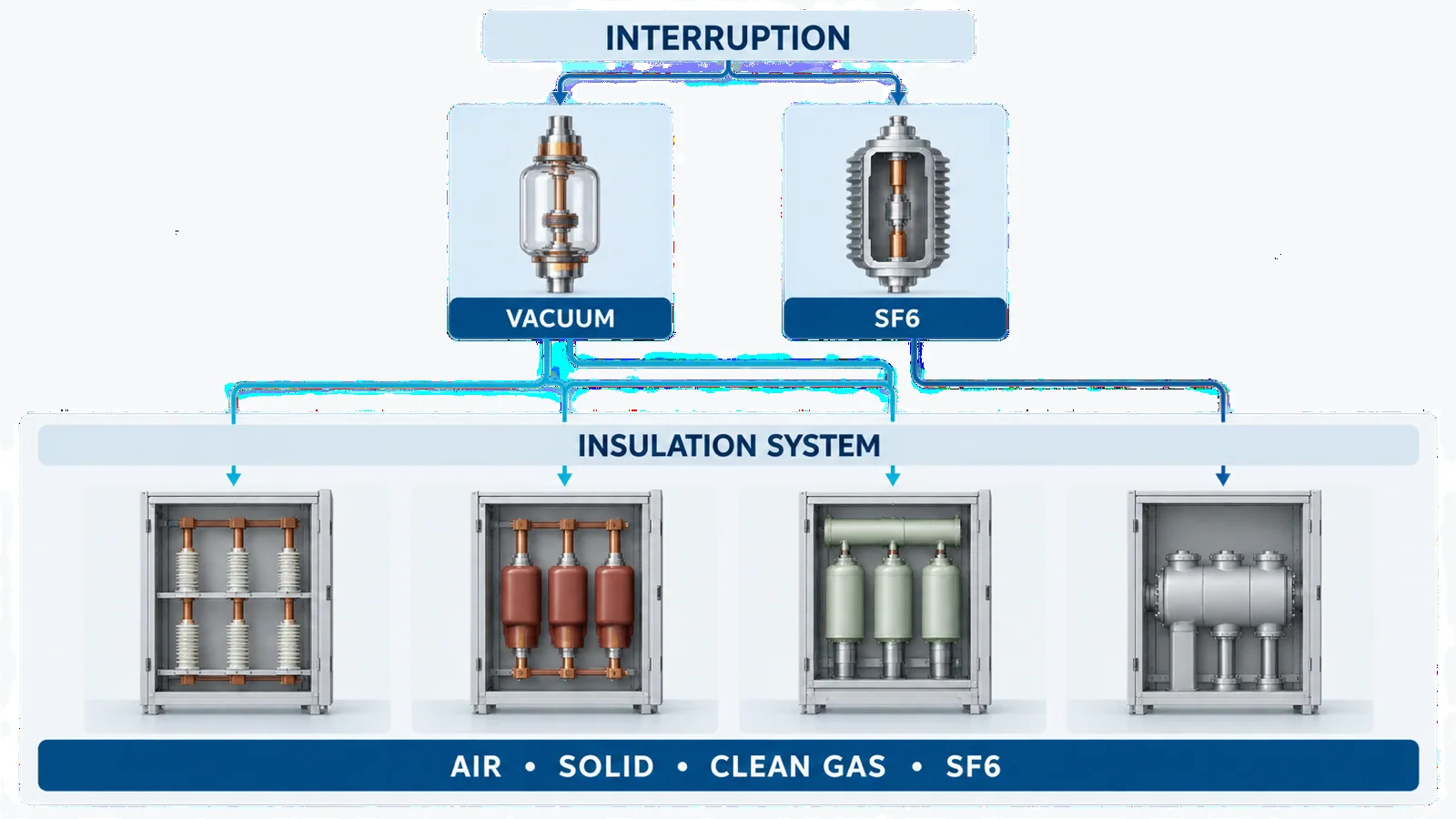 Conceptual comparison separating vacuum or SF6 circuit interruption from the air, solid, clean-gas, or SF6 insulation system used by the switchgear