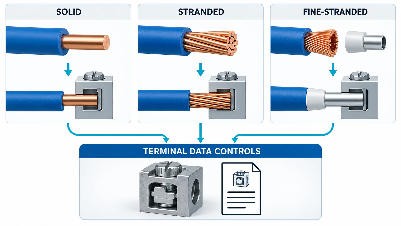 Decision diagram comparing solid, stranded and fine-stranded wire preparation for screw, cage-clamp and push-in terminal blocks