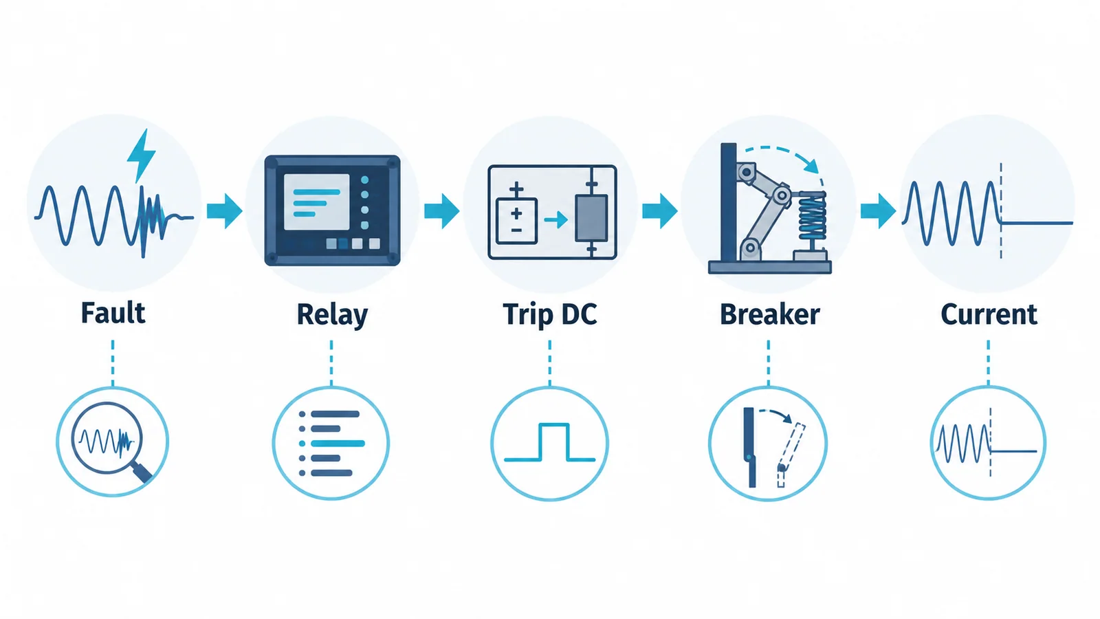 Conceptual trip chain from fault detection and trip command through DC control, breaker mechanism and current interruption, with evidence checkpoints