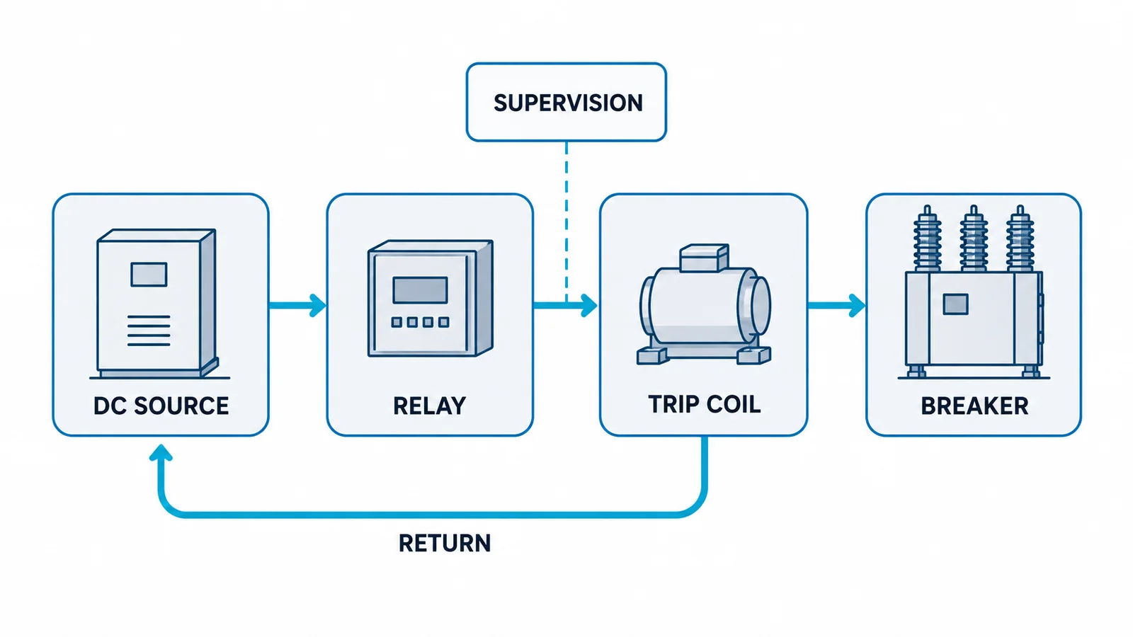 Conceptual substation trip-control chain from DC source through relay and trip coil to breaker, with return and supervision paths