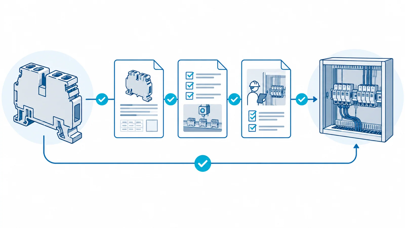 Conceptual evidence map connecting terminal identification, electrical rating, conductor acceptance, installation instructions and panel verification