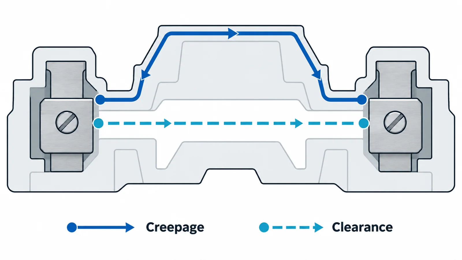 Conceptual terminal-block diagram contrasting a surface creepage path with an air clearance path in a guarded low-voltage assembly