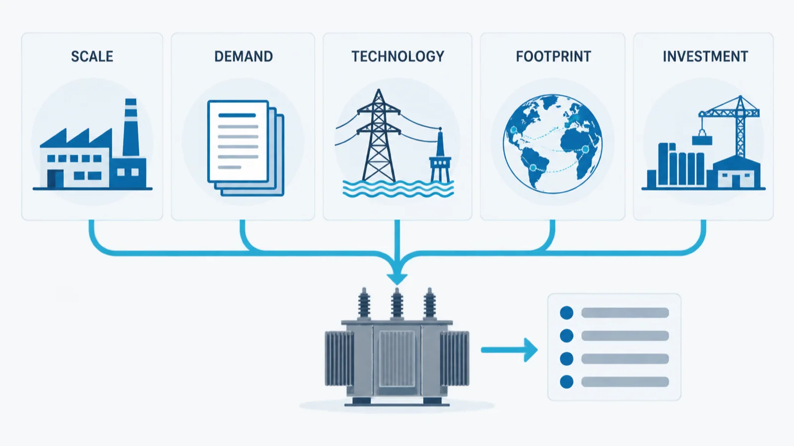 Five-part framework for comparing power transformer manufacturers by scale, demand visibility, technical capability, global footprint and investment capacity