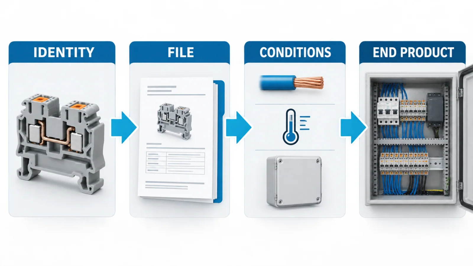 Compliance evidence path from terminal block identity and UL category through ratings and Conditions of Acceptability to end-product review