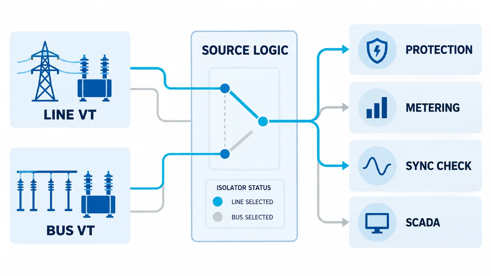 Voltage source selection matrix for line, bus and breaker-and-a-half substation functions across normal, transfer and maintenance states