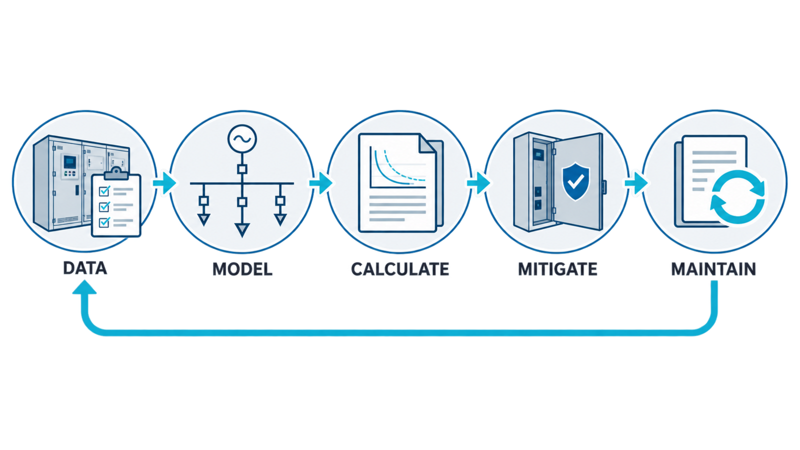 Five-stage arc flash study workflow from field data and system modeling through calculations, mitigation, and ongoing maintenance