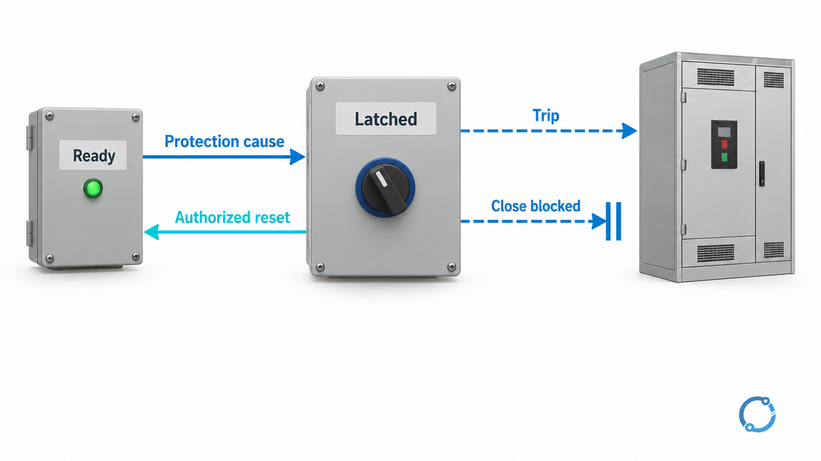 Conceptual lockout state model showing a protection cause entering a latched state, breaker trips and close blocking, with authorized reset separately controlled