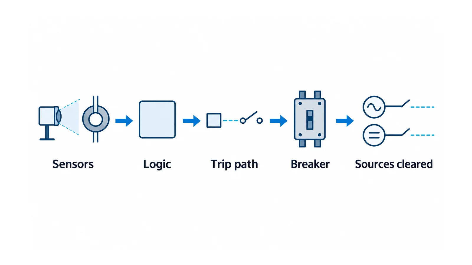 Conceptual chain from optical and current inputs through decision logic and the trip path to breaker interruption and removal of fault sources