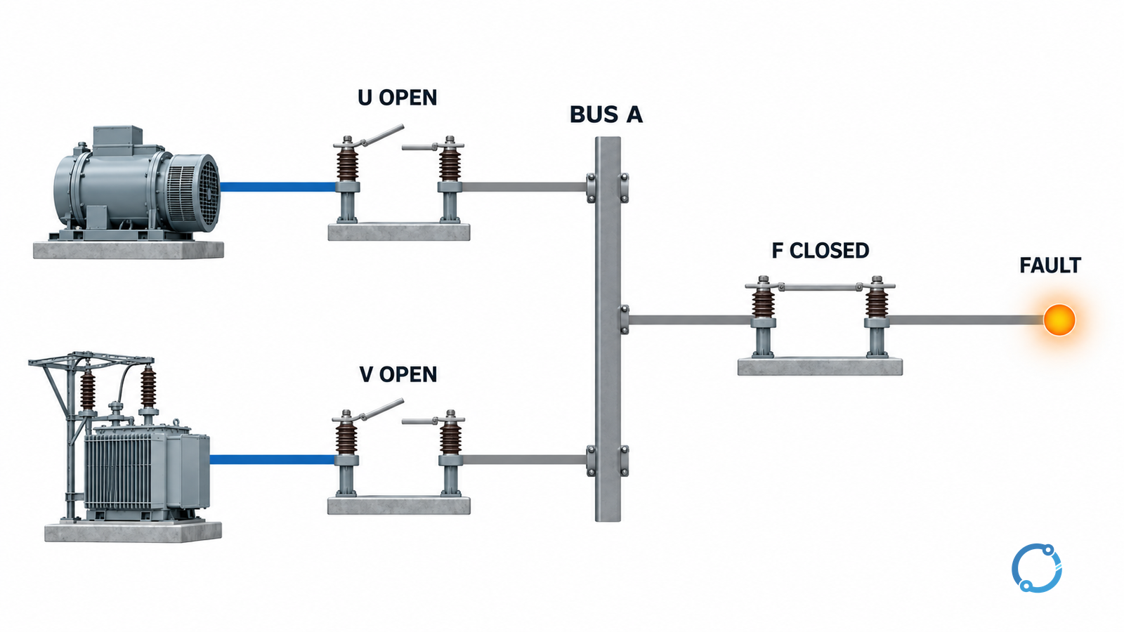 Conceptual two-source bus showing both upstream source paths disconnected while the feeder breaker remains conducting