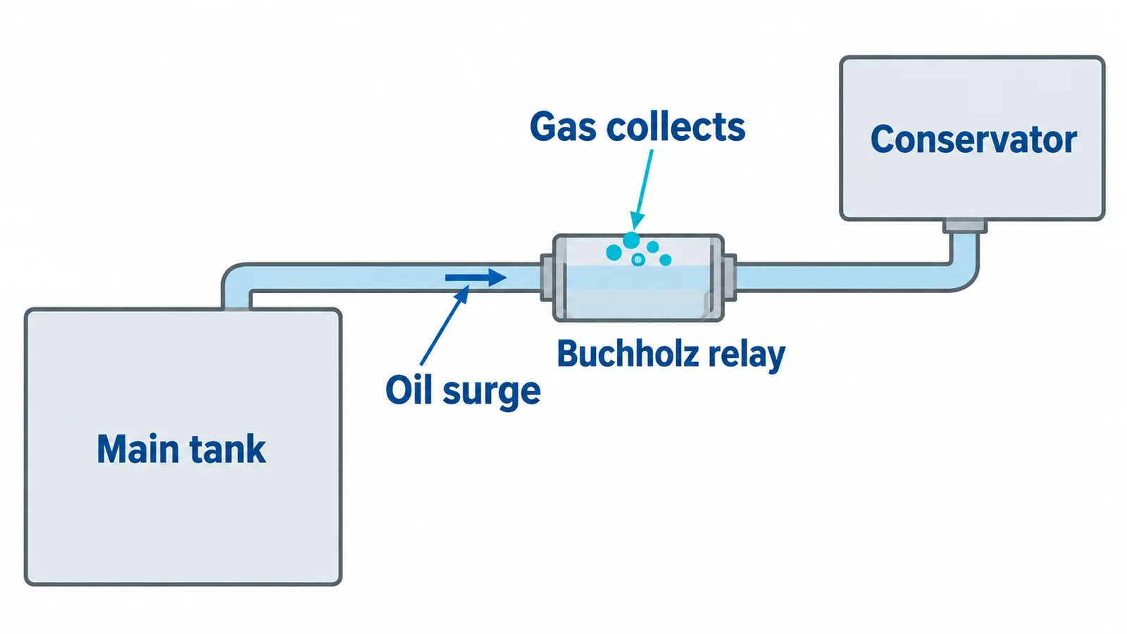 Conceptual transformer-to-conservator pipe arrangement showing a Buchholz relay with gas collection and oil surge paths