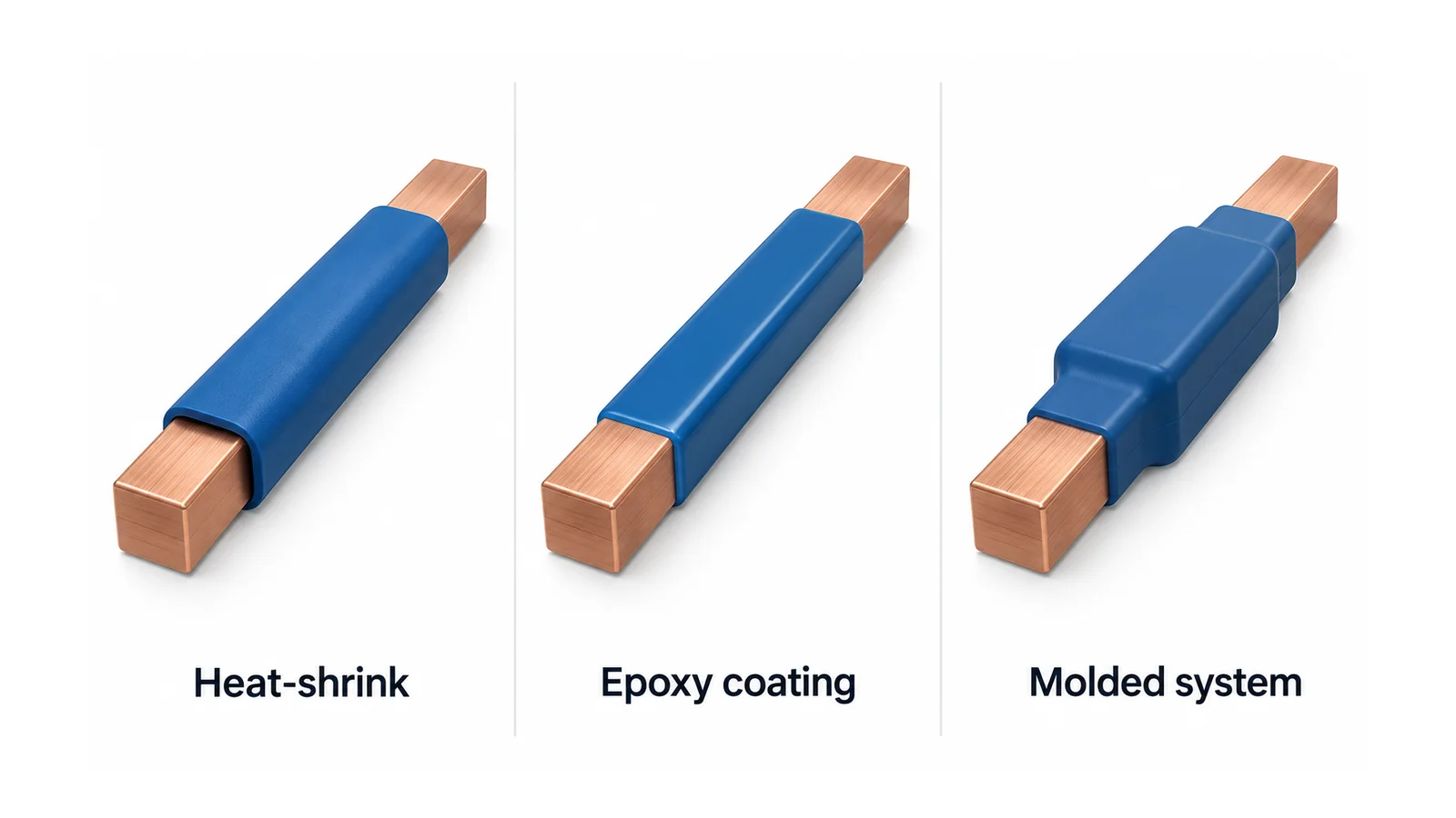 Three conceptual busbar constructions showing a heat-shrink sleeve, a surface coating and shaped molded insulation, with connection ends kept visible