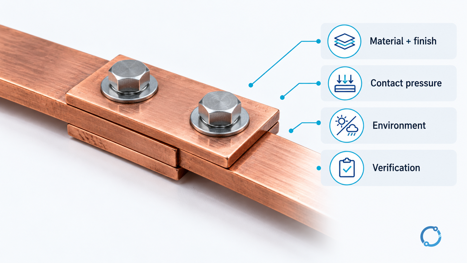 Bolted copper busbar interface with material and finish, contact pressure, environment and verification review factors