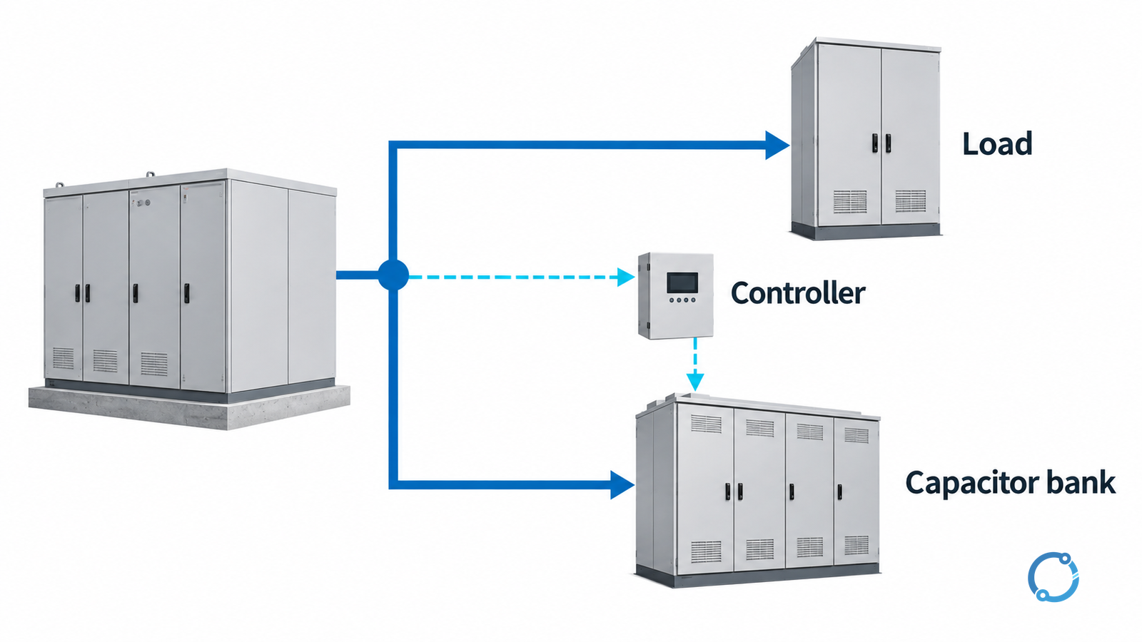Conceptual capacitor bank separating the capacitor power branch from measurement and controller command paths