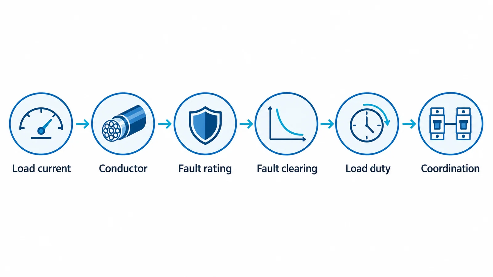 Five conceptual verification gates after load-current calculation: conductor coordination, short-circuit rating, trip behavior, voltage and selectivity