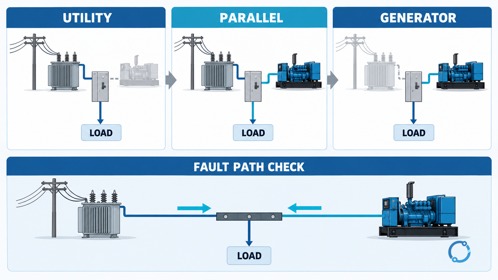 Conceptual transfer sequence showing utility and generator sources separately, a brief parallel state, then a single-source state with fault paths distinguished
