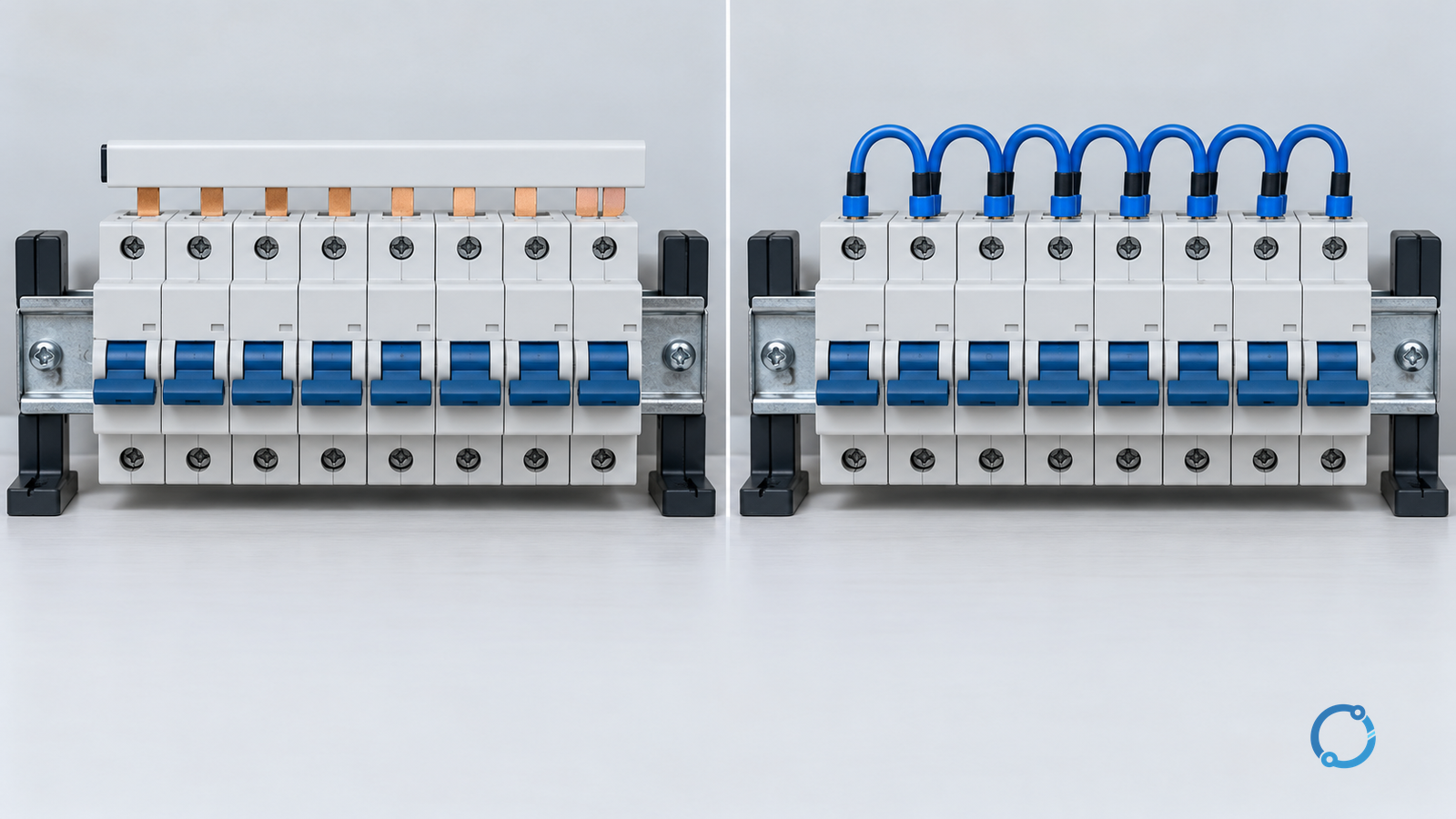 Equal-size breaker rows showing comb-busbar feeding on the left and individual wire jumpers on the right