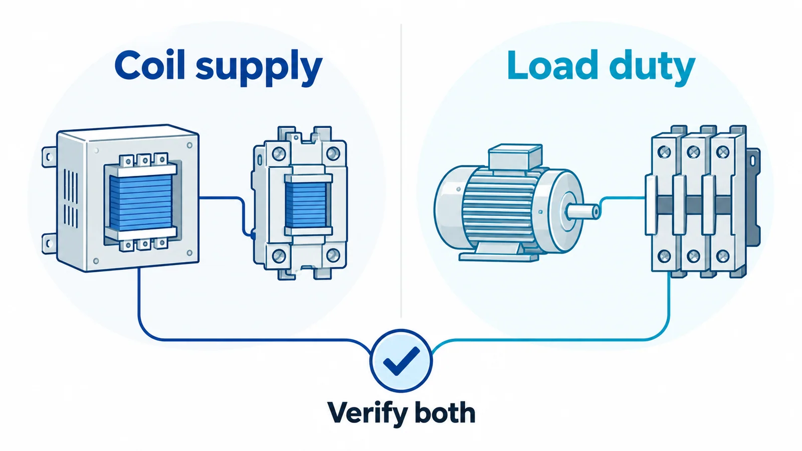 Conceptual selection matrix separating 60 hertz contactor coil supply checks from main-contact load and protection checks