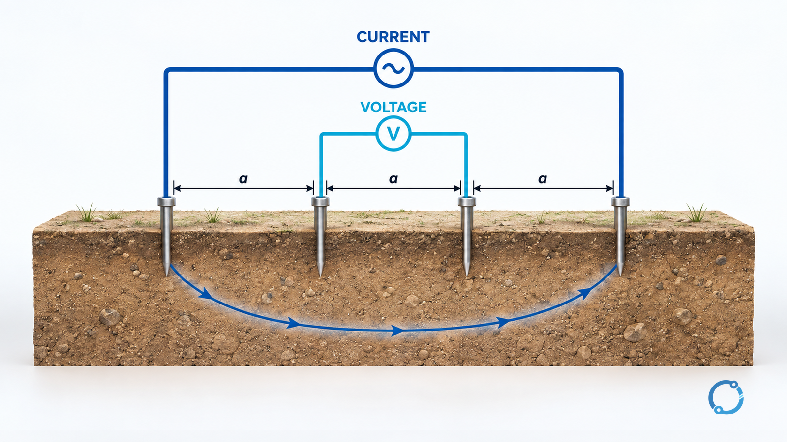 Conceptual four equally spaced soil probes showing outer current injection and inner voltage sensing