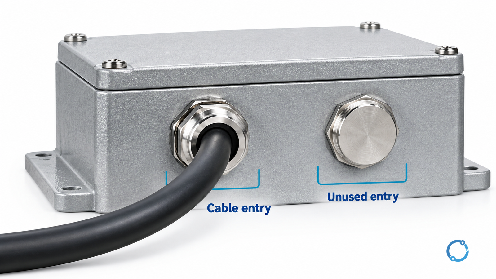 Conceptual enclosure with a cable-occupied entry and a separately closed unused entry