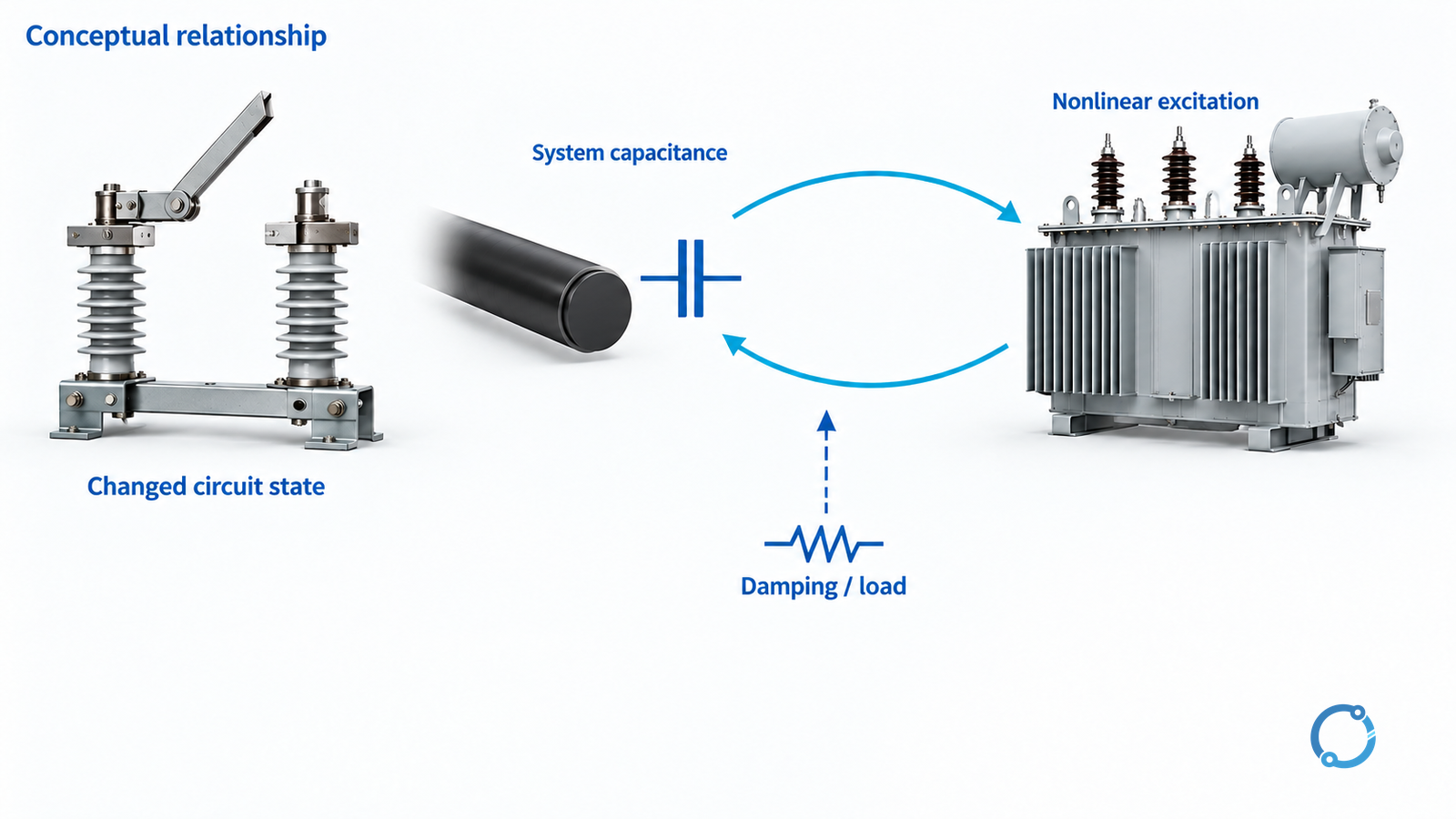 Conceptual relationship between a changed switching state, system capacitance, nonlinear transformer excitation and damping in a suspected ferroresonance event