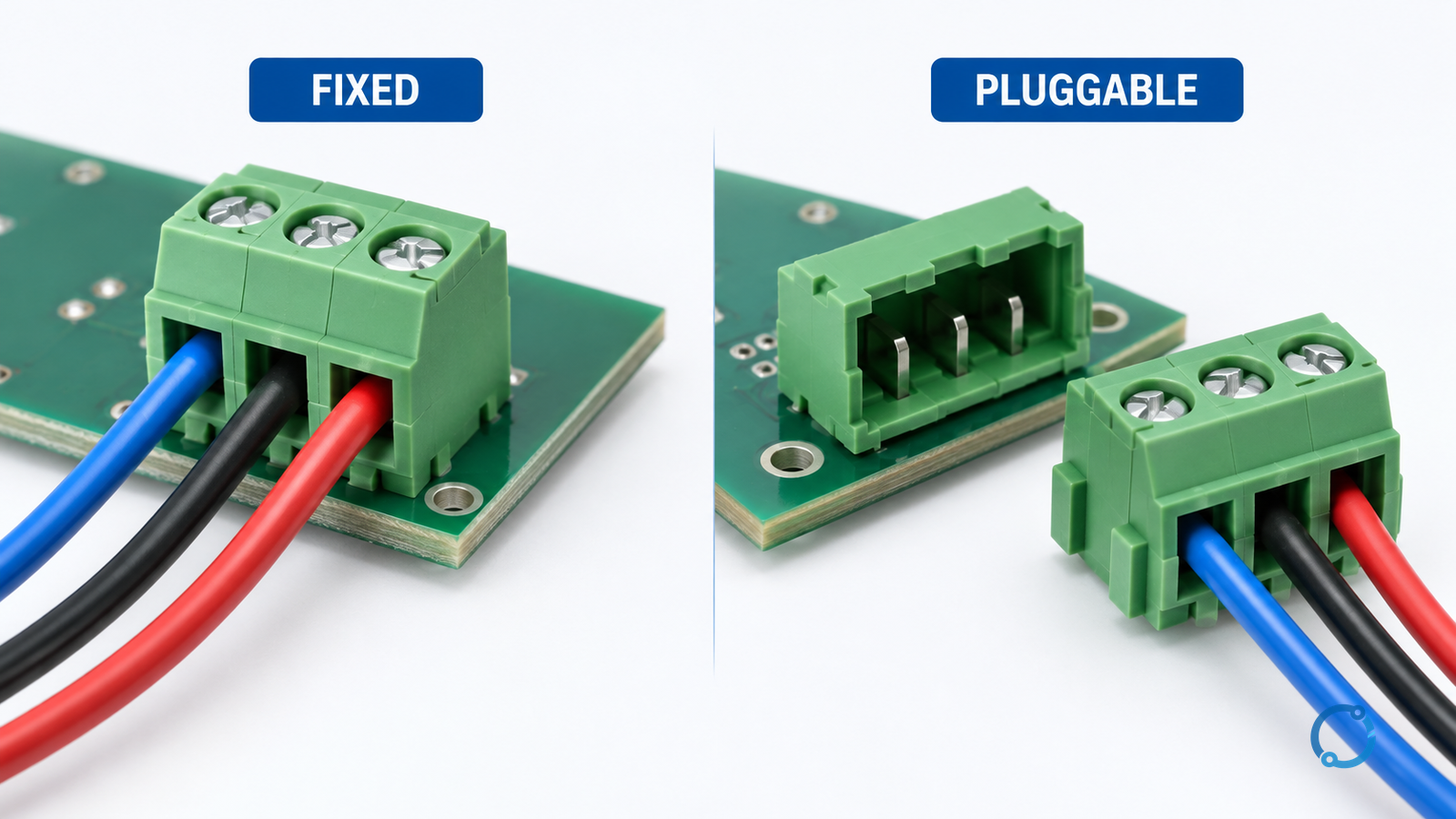 Fixed and pluggable PCB terminal examples both using screw clamps, with the removable plug shown beside its matching board header