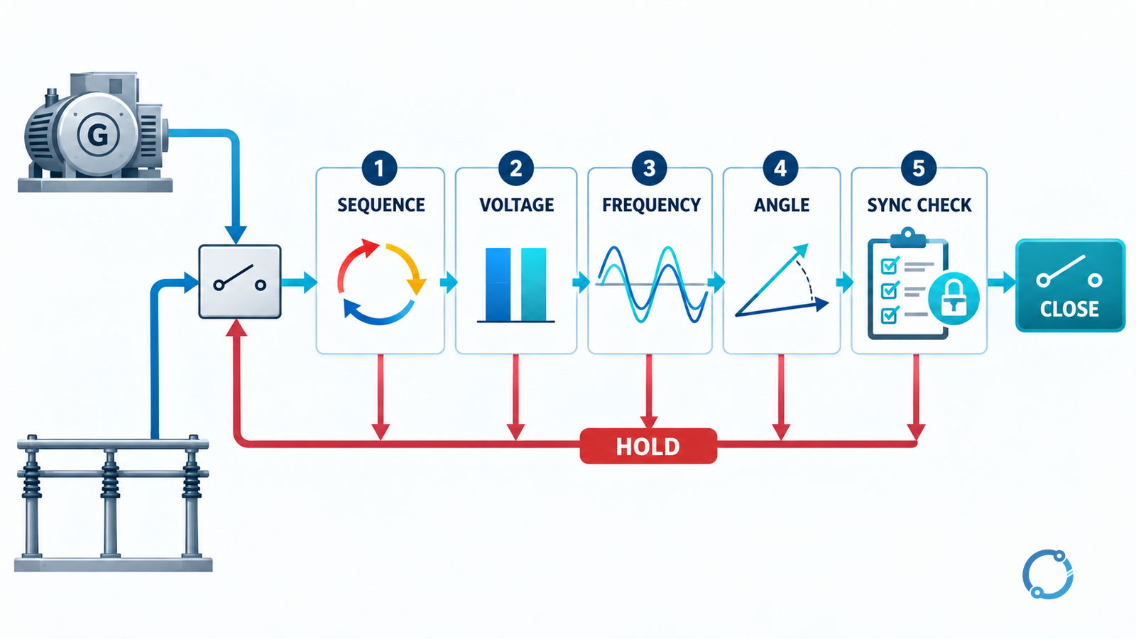 Permission-first generator paralleling sequence showing identity and system state, phase sequence, voltage and frequency, phase angle, sync-check permission and the controlled close