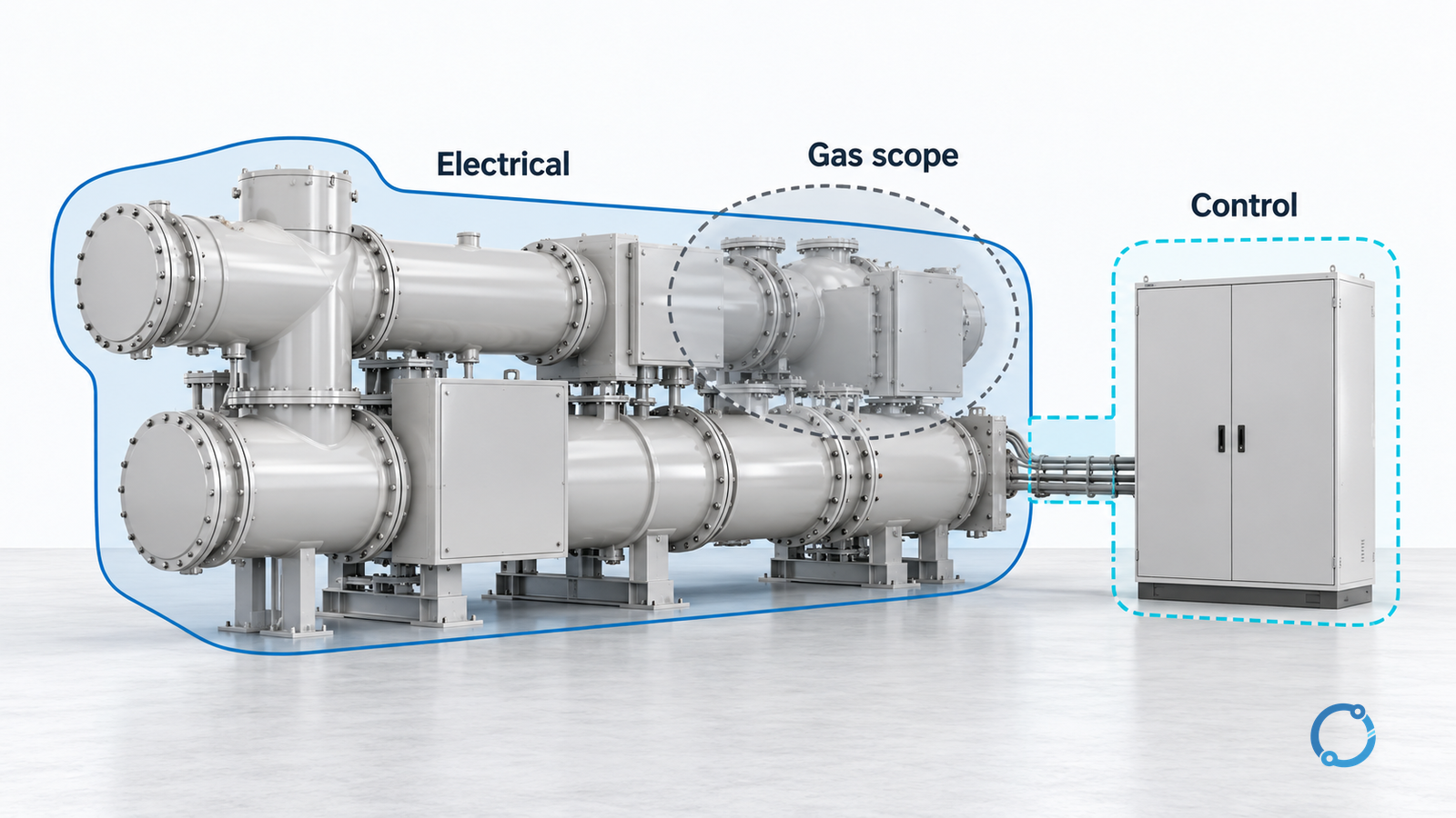 Three conceptual GIS review layers separating primary electrical scope, control interfaces and gas-compartment scope around generic closed GIS equipment