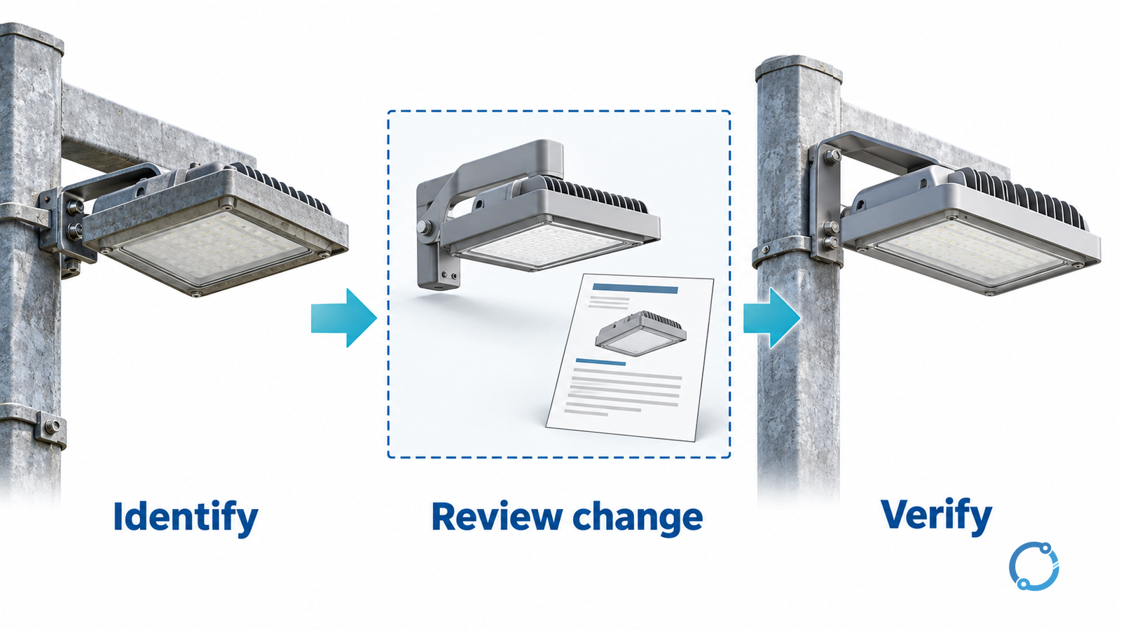 Conceptual retrofit sequence preserving a defined luminaire assembly boundary through review, replacement and verification