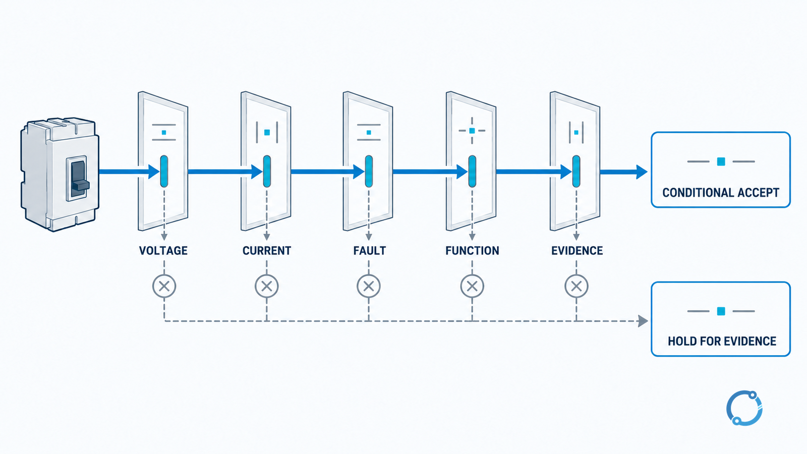 Five protective-device compatibility gates feeding conditional acceptance or an evidence hold
