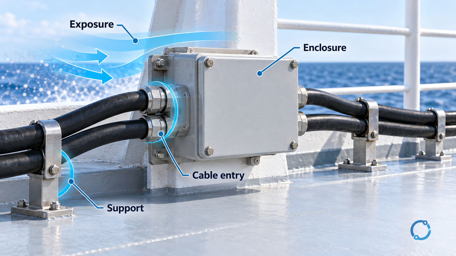Conceptual marine terminal connection showing enclosure, cable support and environmental exposure boundaries