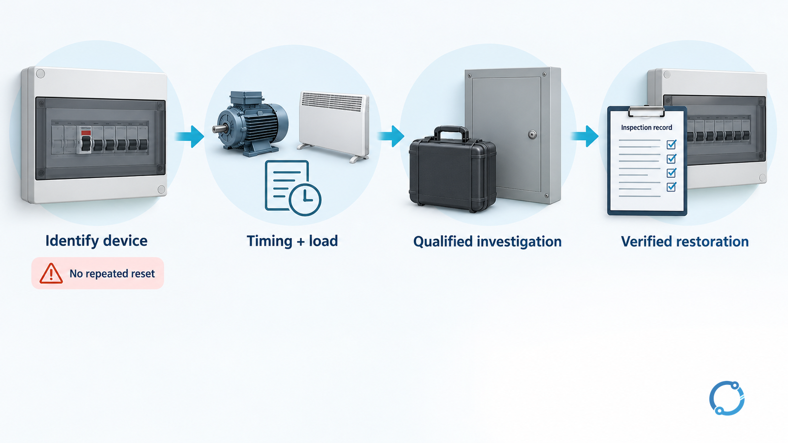 Conceptual diagnostic path from a closed distribution board and reported trip to load-event evidence, qualified investigation and verified restoration