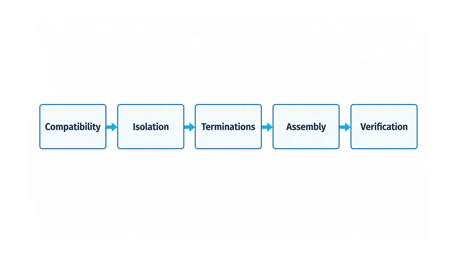 Five conceptual installation gates covering compatibility, isolation, terminations, enclosure integrity and verification