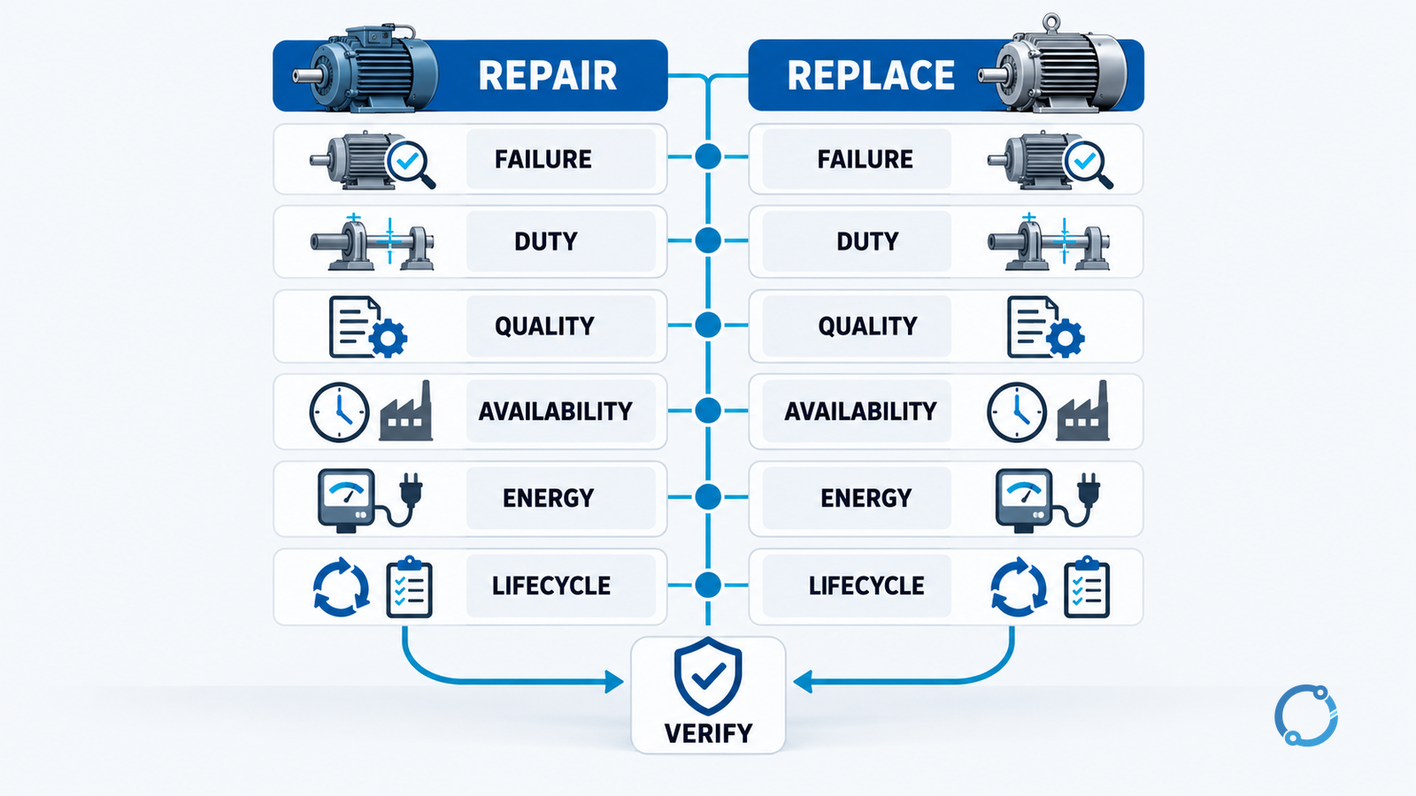 Balanced motor repair and replacement decision matrix comparing failure evidence, electrical and mechanical condition, duty fit, repair quality, availability, energy and lifecycle cost with a hold-until-evidence decision